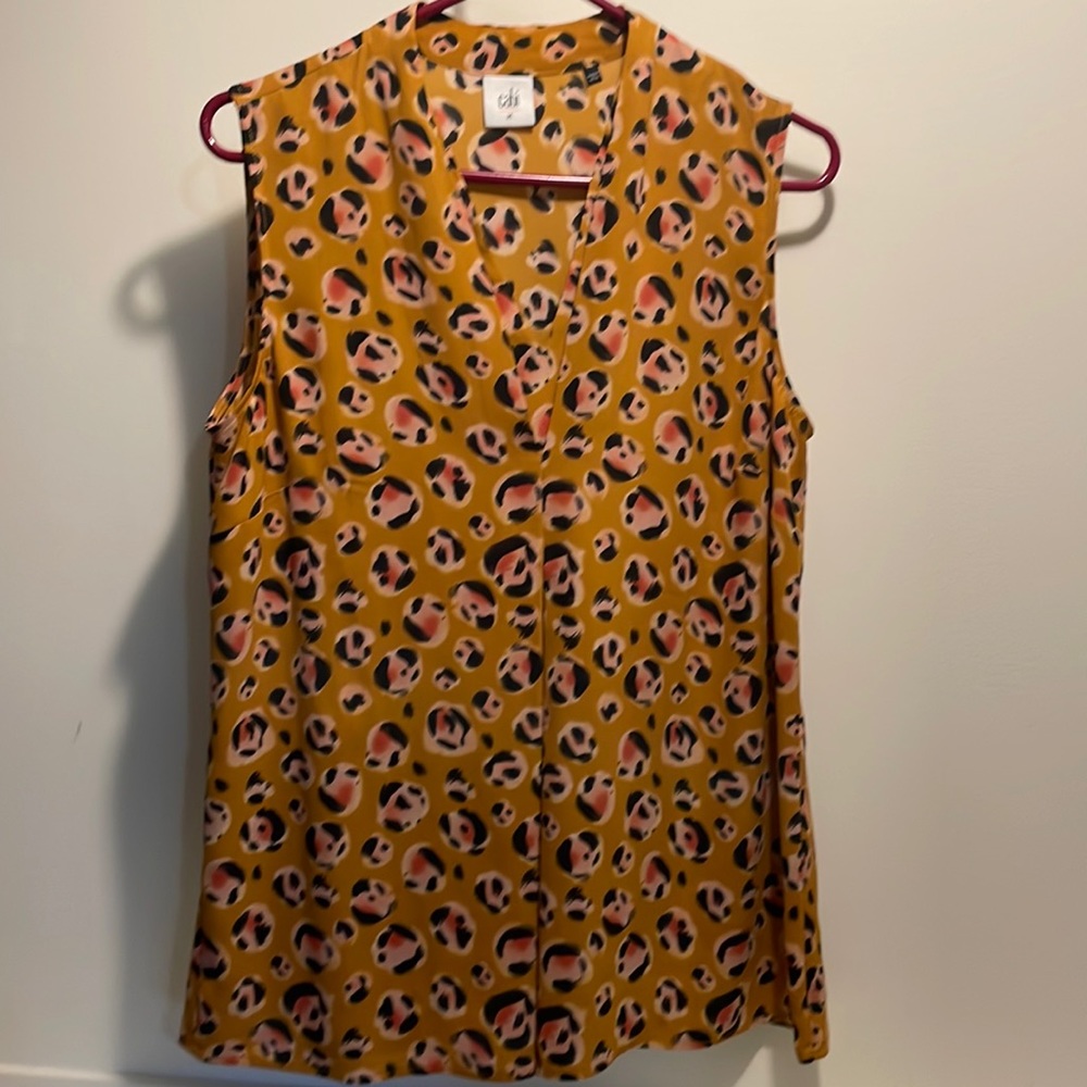 CAbi Mustard Yellow Sleeveless Leopard Print Blouse